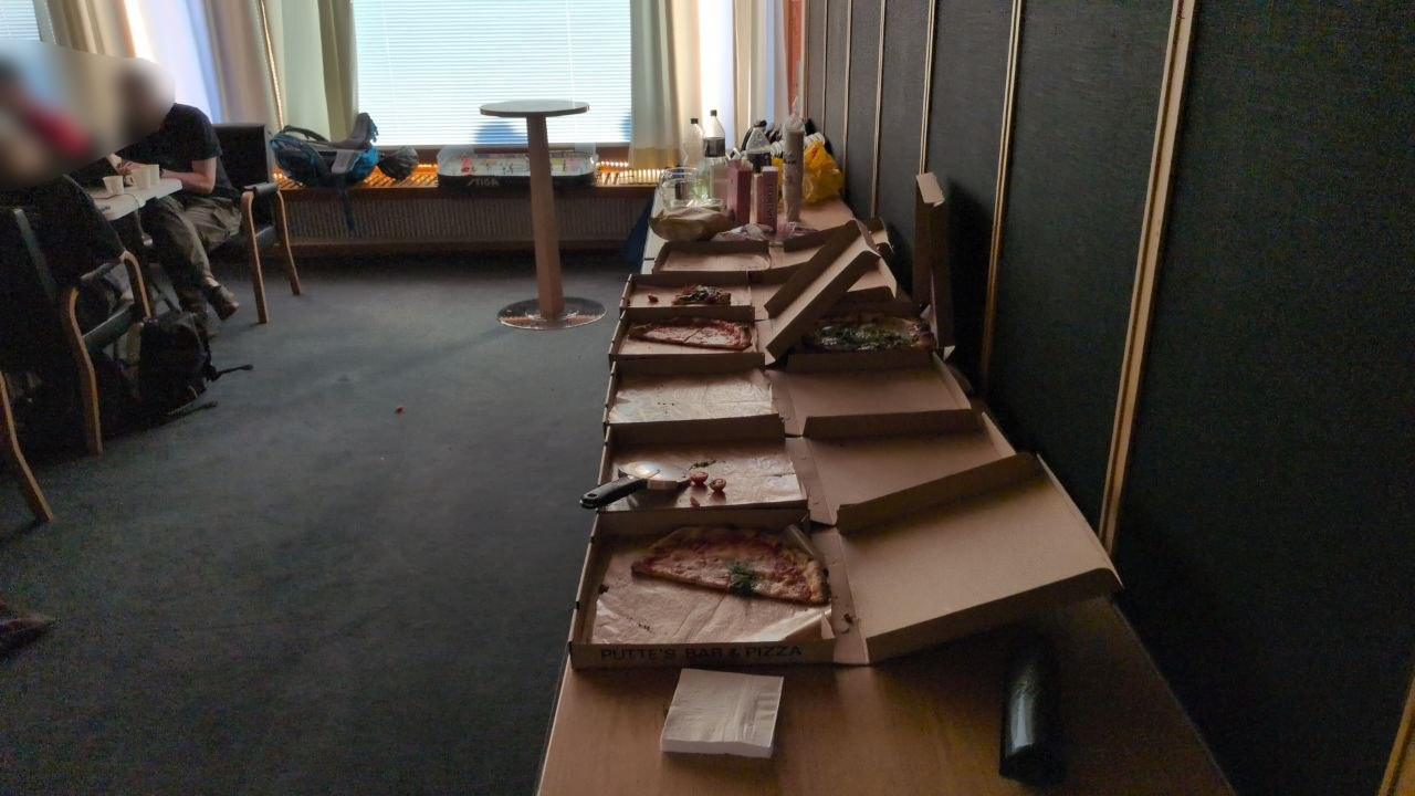 Pizza, drinks, and snacks